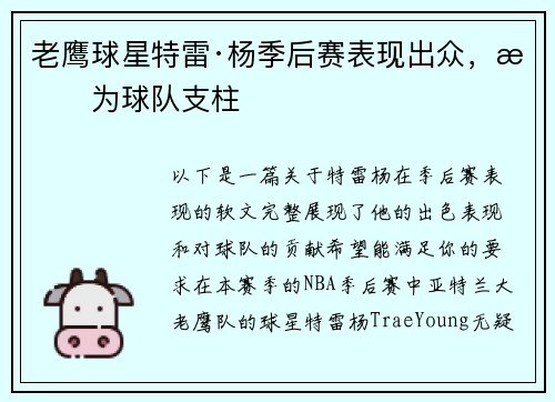 老鹰球星特雷·杨季后赛表现出众，成为球队支柱